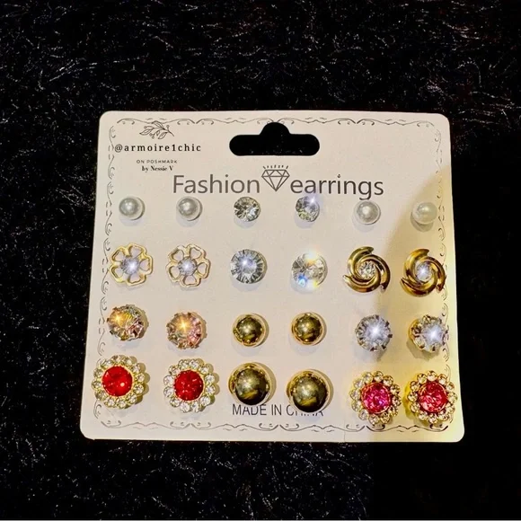 Classic Fashion EARRINGS Set | 12 pairs | Metallic Gold & Dazzling Crystals - Picture 5 of 5